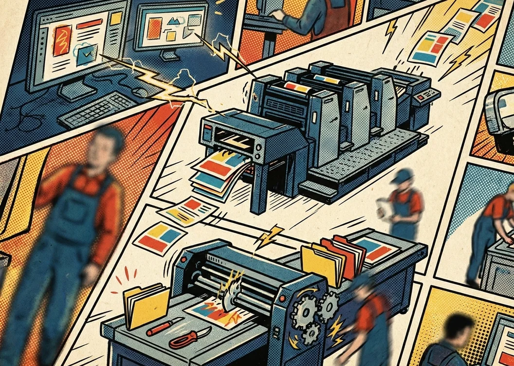 Ilustrație comic cu panouri care arată etapele unui proiect de print și design