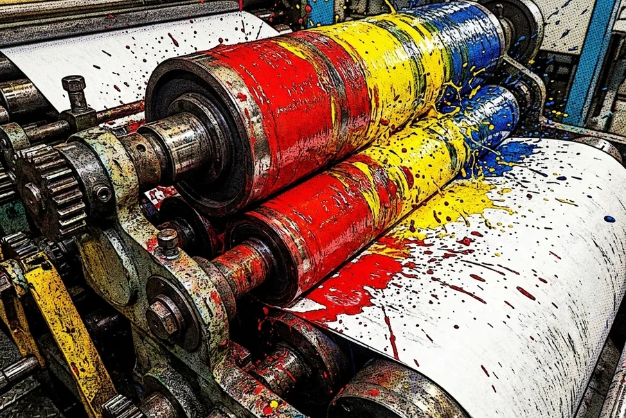 Pagină editorială ilustrată ca bandă desenată tipărită